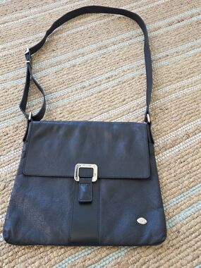 Women's Black Leather Messenger Bag with Silver Buckle